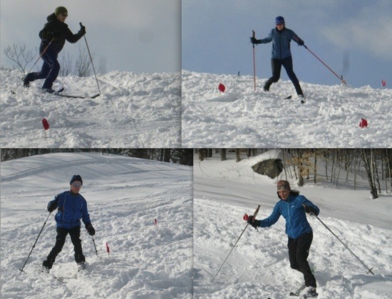 Quelques élèves à l'Atelier de Télémark en ski nordique, dans une "forêt de balises rouges", au golf du Mont Gabriel. 200222